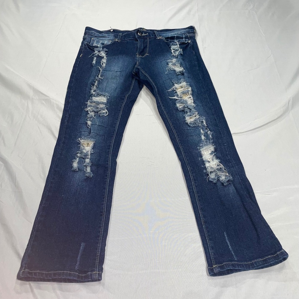 Red Rivet Distressed Dark Wash Bootcut Jeans Size 7 Ripped Frayed Denim